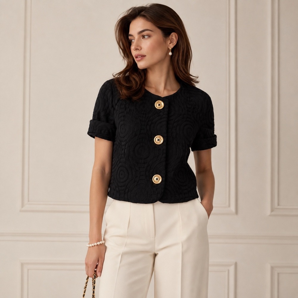 Michael Michael Kors Black Jacquard Cropped Short Sleeve Jacket 8 Old Money